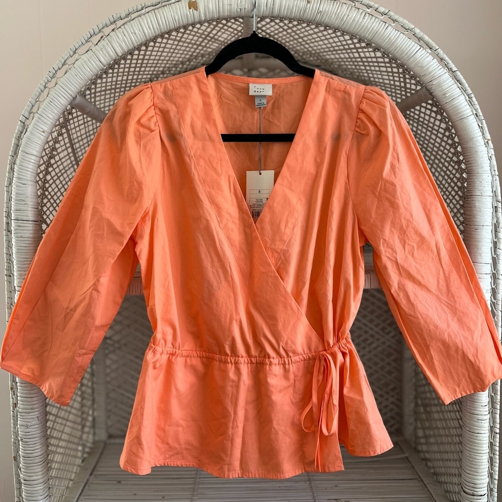 NWT - 100% Cotton A New Day Peach V Neck Wrap Blouse 3/4 Sleeves Cinched Waist